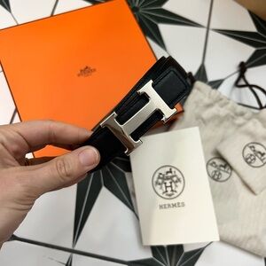 Hermes Black Belt with Silver Buckle